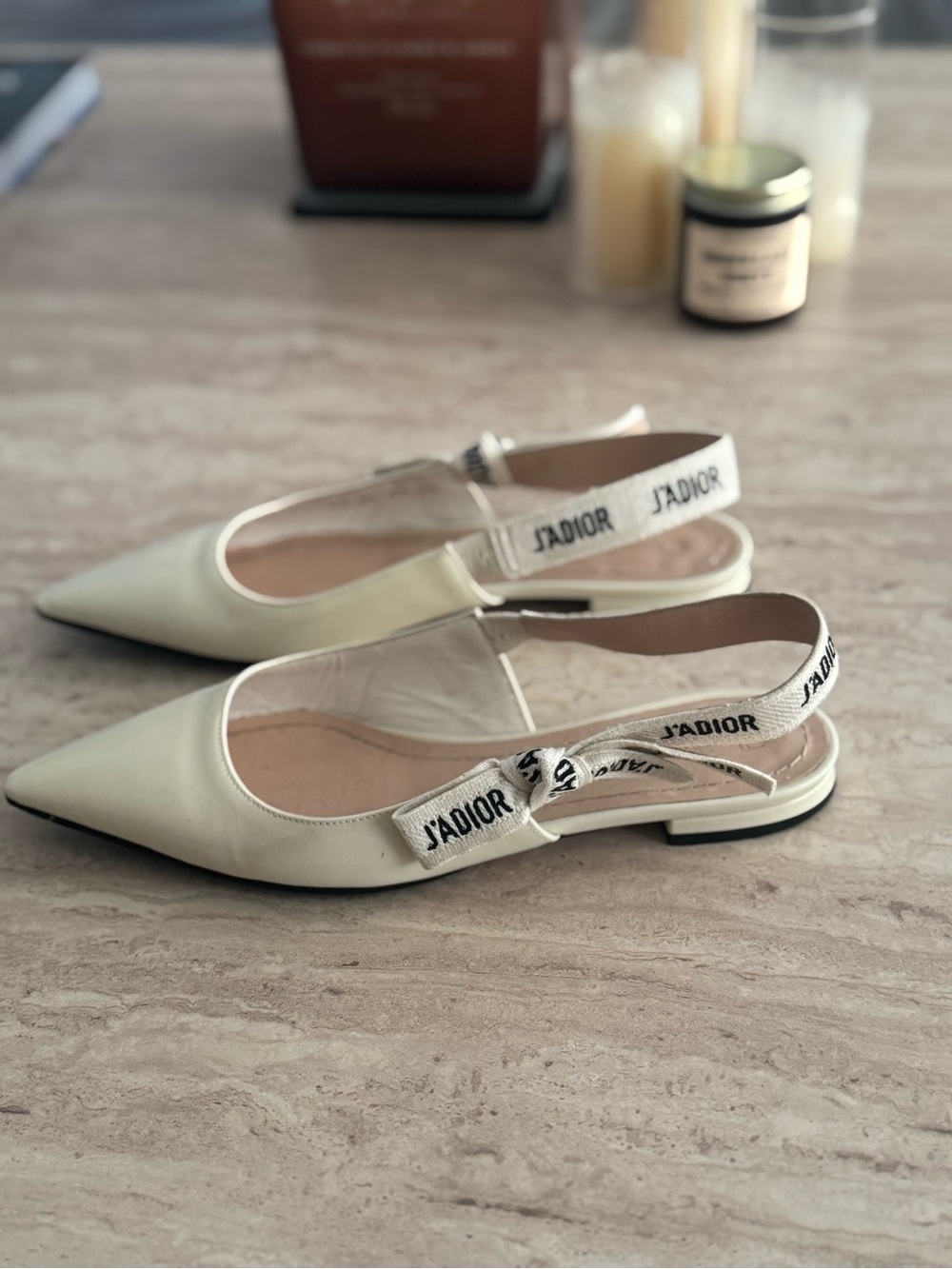 Dior Cream Pointed Slingback Flats with J'ADIOR Strap